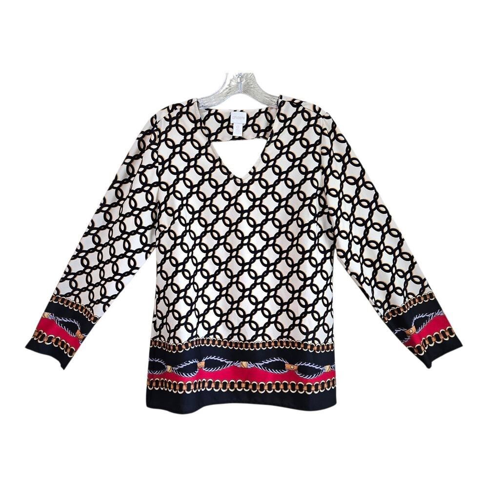 CHICO'S 0 Women's 4 Blouse V-Neck Black Red Gold Chain Pattern 3/4 Sleeve 36"